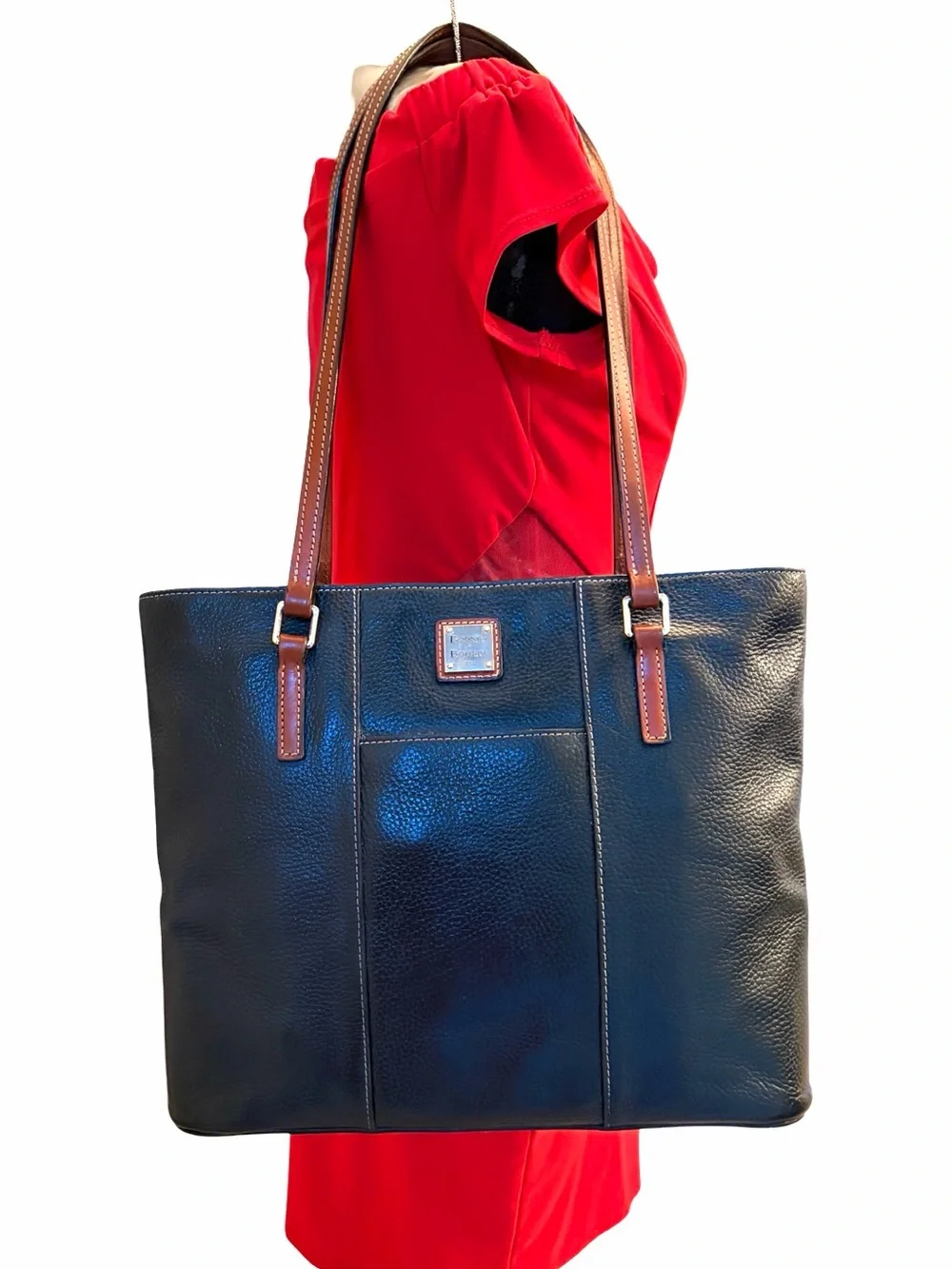 Dooney & Bourke Lexington 14" Shopper Dark Navy Tan Pebbled Leather Shoulder Bag - Picture 2 of 14